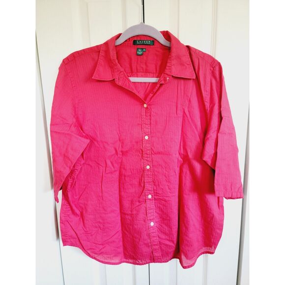 Lauren Ralph Lauren XL Womens Shirt Button Up Red Logo *Has A Spot* Cotton - Picture 1 of 8
